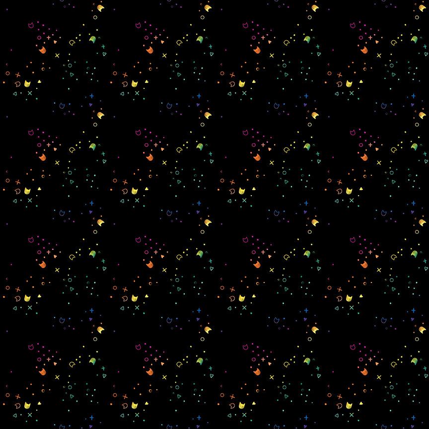 Kitty Litter by Dear Stella basic scattered tiny cat heads dots laser black with rainbow colors