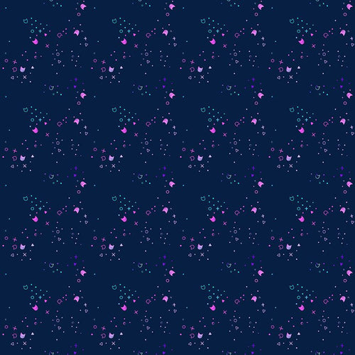 Kitty Litter by Dear Stella basic scattered tiny cat heads dots space navy blue hot pink magenta purple aqua