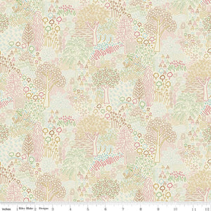 LIberty Woodland Walk Autumn Berries Melody C cream background  forest floor line drawings of trees berries leaves tossed quilt weight cotton 