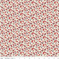 LIberty Woodland Walk Autumn Berries Birdsong C cream background rose pink leaves lavender aqua berries densely clustered small birds on branches quilt weight cotton 