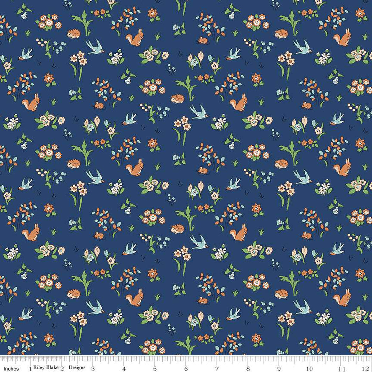 LIberty Woodland Walk Autumn Berries Forest Friends C royal blue background tossed small squirrels hedgehogs bluebirds flowers bunny rabbits green aqua quilt weight cotton 