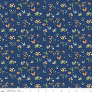 LIberty Woodland Walk Autumn Berries Forest Friends C royal blue background tossed small squirrels hedgehogs bluebirds flowers bunny rabbits green aqua quilt weight cotton 