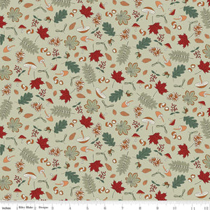 LIberty Woodland Walk Autumn Berries Forage C sage green background  forest floor rust maple leaves ferns pinecones various size mushrooms tossed quilt weight cotton 