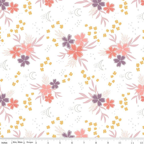 Moonchild Main Off White purple scattered flowers floral in soft peach pink and white background cosmic quilt weight cotton