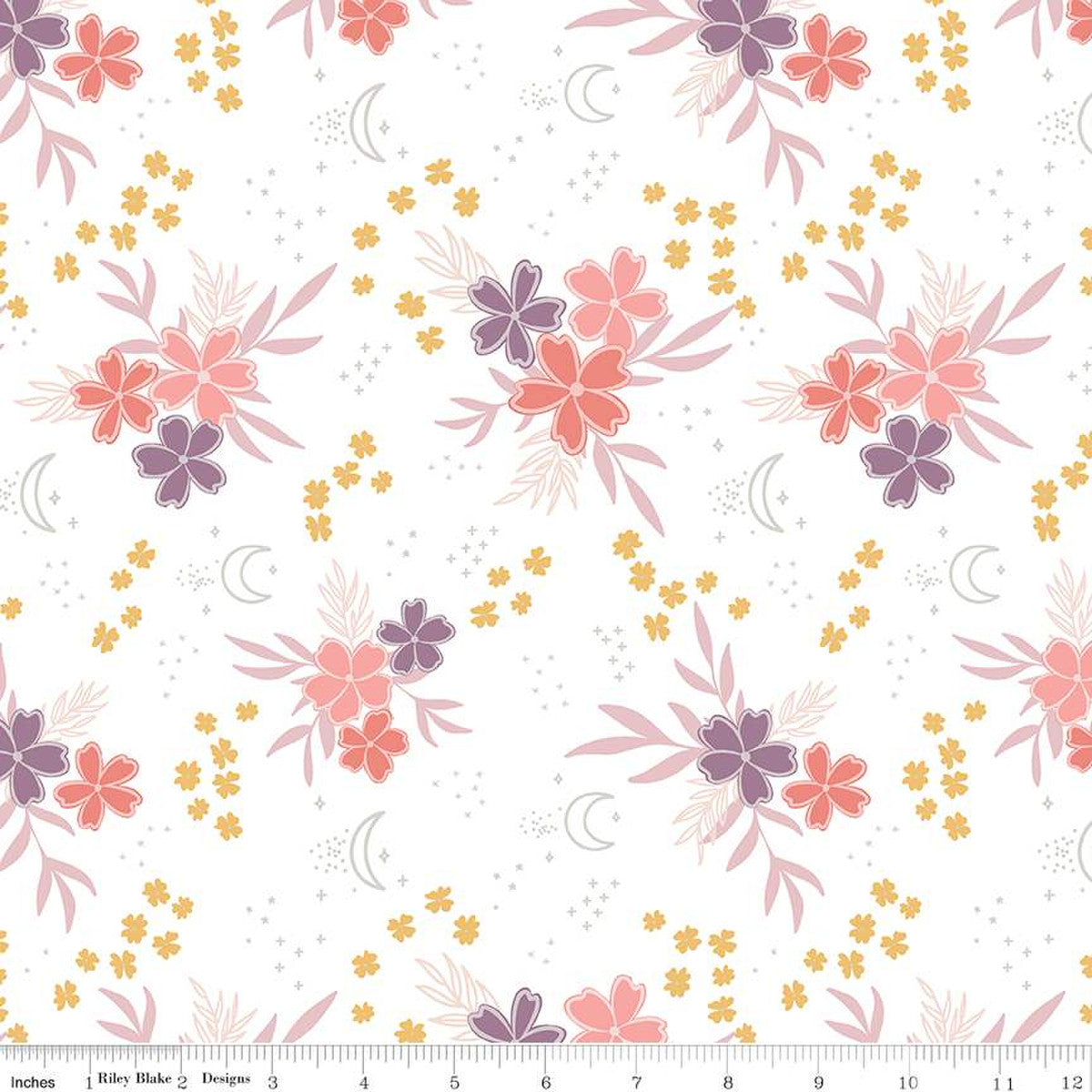 Moonchild Main Off White purple scattered flowers floral in soft peach pink and white background cosmic quilt weight cotton