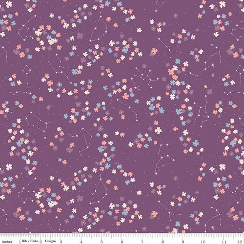 Moonchild Constellations Grape purple scattered flowers constellations in soft blue pink and white on lavender background cosmic quilt weight cotton