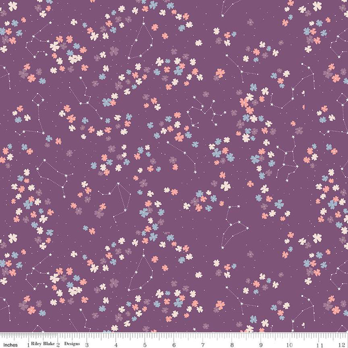 Moonchild Constellations Grape purple scattered flowers constellations in soft blue pink and white on lavender background cosmic quilt weight cotton