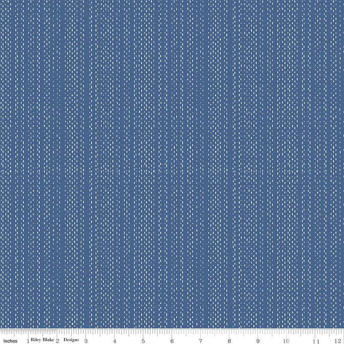 Moonchild Signals in Denim in dashed stripes  lines in white on denim blue background cosmic quilt weight cotton