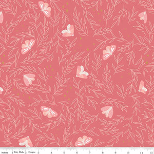 Moonchild Moths in Raspberry scattered leaves and moths in soft pink and white on coral background quilt weight cotton