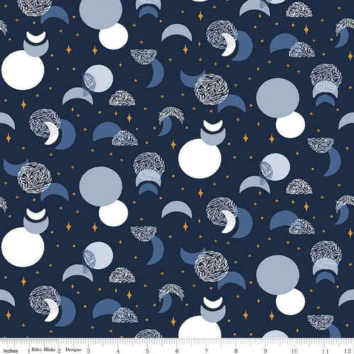 Moonchild Constellations Eclipse Midnight scattered gold stars in soft blue gray white full and partial moons on dark navy blue background cosmic quilt weight cotton