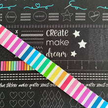Load image into Gallery viewer, Make by Kristy Lea Quiet Play for Riley Blake Designs fat quarter bundle pre-order  rainbow sewing machines stripes scissors seam ripper wheels black white red orange green yellow blue aqua pink violet cotton quilt weight fabric 
