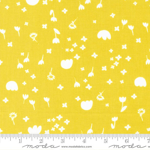Marigold by Aneela Hoey Moda Fabrics bright yellow with white floral flowers and stems leaves  quilt weight cotton