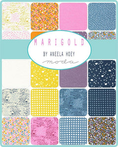 Marigold Collection by Aneela Hoey for Moda Fabrics pastel pink yellow orange dusky blue slate black small dense flowers bears and botanicals quilt weight cotton for quilting bags fat quarter bundle