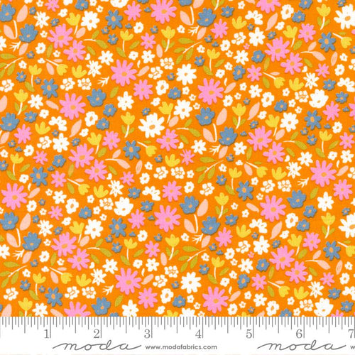 Marigold by Aneela Hoey Moda Fabrics orange yellow background small floral print with pink daisies blue blooms white and green stems leaves  quilt weight cotton 