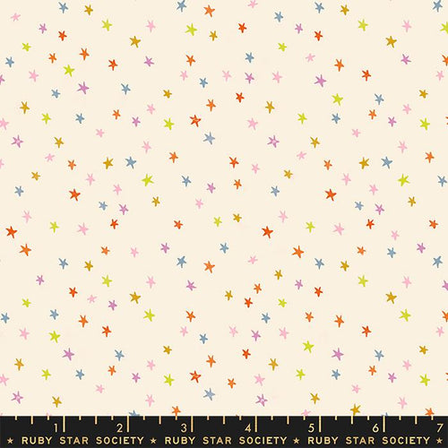 Ruby Star Society Mini Starry cream background gold lime blue pink lavender orange tiny scattered tossed primitive stars in various sizes basic Moda fabrics cotton quilt fabric 