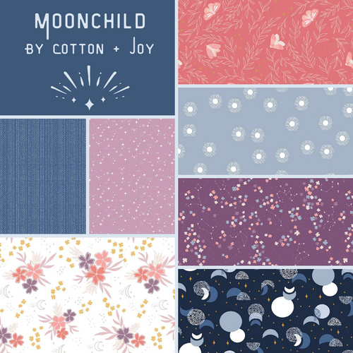 Short Stack Fat Quarters Moonchild Constellations  scattered flowers constellations moons flowers in coral soft blue pink and white lavender cosmic quilt weight cotton