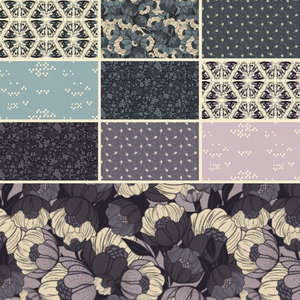 Scout Lake collection by Ash Cascade for Cotton + Steel fabrics fat quarter bundle cotton quilt weight fabric dusky purple blue aqua gold orange rust swallowtail butterflies foliage flowers poppy thistle 