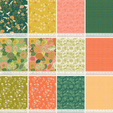 Load image into Gallery viewer, In the Garden by Jennifer Moore for Windham Fabrics periwinkle lavender green navy orange yellow cream white butterflies foliage floral birds quilt weight cotton fat quarter bundle
