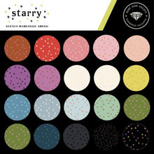 Load image into Gallery viewer, New Starry Colors Jelly Roll Alexia Marcell Abegg Ruby Star Society different sized stars scattered earth colors fall autumn rainbow quilt cotton 2 1/2 inch strips precut
