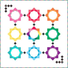 Load image into Gallery viewer, Kristy Lea Quiet Play Rainbow Shimmer quilt pattern shaded foundation pieced hexagons in rainbow colors quilters makers sewers wall hanging
