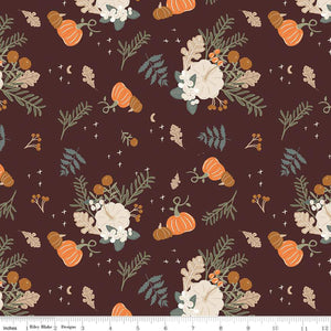 Pumpkin Spice Main Espresso Simple Simon & Co Riley Blake Designs fabric coffee colored background various sized pumpkins orange brown white sage green foliage tiny cross stars and fingernail moon quilting cotton for quilts bags garments