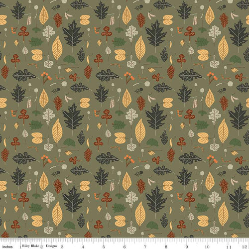 Pumpkin Spice Leaves Simple Simon & Co Riley Blake Designs fabric olive colored background various sized leaves gold yellow rust charcoal brown sage green foliage quilting cotton for quilts bags garments