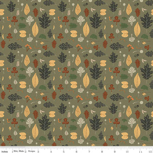 Pumpkin Spice Leaves Simple Simon & Co Riley Blake Designs fabric olive colored background various sized leaves gold yellow rust charcoal brown sage green foliage quilting cotton for quilts bags garments