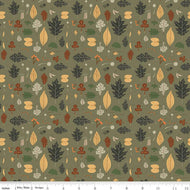 Pumpkin Spice Leaves Simple Simon & Co Riley Blake Designs fabric olive colored background various sized leaves gold yellow rust charcoal brown sage green foliage quilting cotton for quilts bags garments