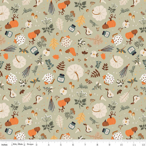 Pumpkin Spice Forage Simple Simon & Co Riley Blake Designs fabric sage green colored background forest floor acorns berries candles various sized pumpkins orange brown white coffee pot vintage style mushrooms pears hazelnuts sage green foliage tiny cross stars  quilting cotton for quilts bags garments