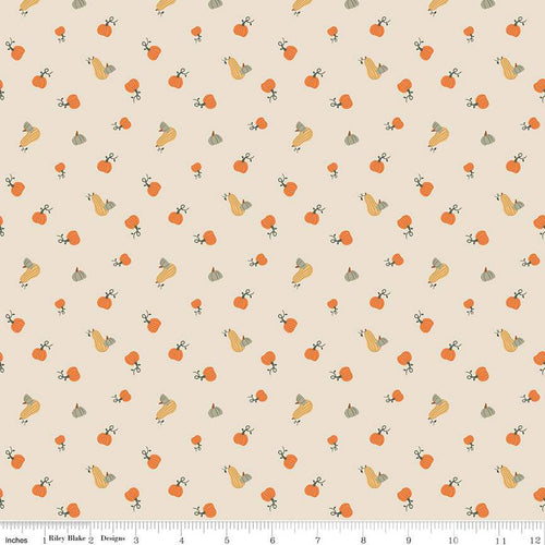 Pumpkin Spice Pumpkins ivory Simple Simon & Co Riley Blake Designs fabric ivory colored background various sized pumpkins gourds green yellow orange  quilting cotton for quilts bags garments