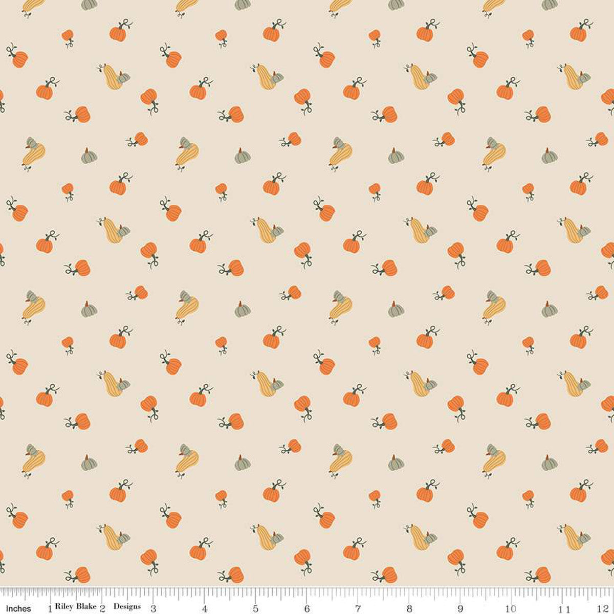 Pumpkin Spice Pumpkins ivory Simple Simon & Co Riley Blake Designs fabric ivory colored background various sized pumpkins gourds green yellow orange  quilting cotton for quilts bags garments