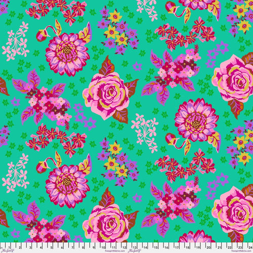 Nathalie Lete for Anna Maria Horner conservatory Freespirit fabrics A Spring in Paris Dream in Grape turquoise background pink roses and flowers bright purple gold star flowers tone-on-tone foliage quilt weight cotton bags clothing quilting