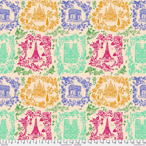 Nathalie Lete for Anna Maria Horner conservatory Freespirit fabrics A Spring in Paris Sightseeing in Multi Eiffel tower tourist attractions framed in flowers green periwinkle blue purple magenta pink harvest fold quilt weight cotton bags clothing quilting