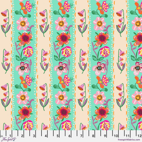 Nathalie Lete for Anna Maria Horner conservatory Freespirit fabrics A Spring in Paris Wallpaper in Aqua turquoise and cream stripes with multi-colored flowers and leaves  pink roses and flowers  gold star flowers orange red quilt weight cotton bags clothing quilting