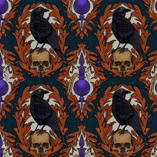 Mystic Moonlight Rachel Hauer Freespirit Fabrics cotton quilt fabric Crow Damask multi-colored black ravens skulls purple poison bottles teal black stars orange leaf frames
