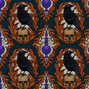 Mystic Moonlight Rachel Hauer Freespirit Fabrics cotton quilt fabric Crow Damask multi-colored black ravens skulls purple poison bottles teal black stars orange leaf frames