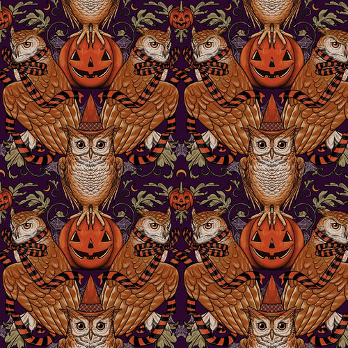 Mystic Moonlight Rachel Hauer Freespirit Fabrics cotton quilt fabric Crow Damask multi-colored black ravens skulls purple background owls with orange witch hats and black orange stripe scarves jack o lanterns foliage 