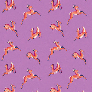Mythical by Stacy Peterson Freespirit Fabrics cotton quilting fabric Wild Meadow Lavender background fawns deer leaping in different directions 