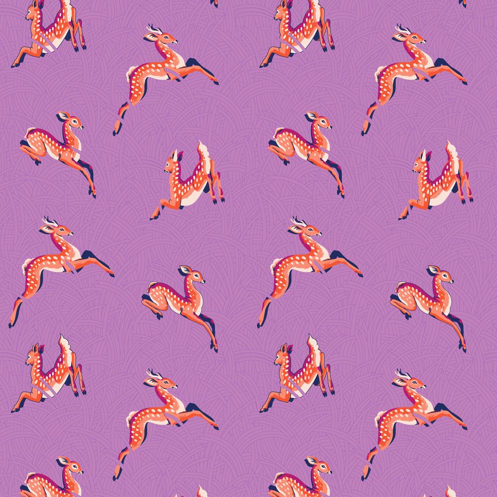 Mythical by Stacy Peterson Freespirit Fabrics cotton quilting fabric Wild Meadow Lavender background fawns deer leaping in different directions 