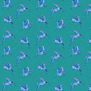 Mythical Small Wild Meadow by Stacy Peterson Freespirit Fabrics cotton quilting fabric teal green background small blue leaping fawns and deer cotton quilt fabric