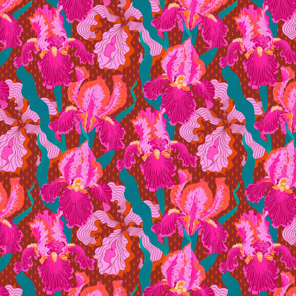 Mythical Iris Magenta by Stacy Peterson Freespirit Fabrics cotton quilting fabric teal green nutmeg brown background large magenta iris flowers cotton quilt fabric