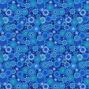 Mythical Bloom Blue by Stacy Peterson Freespirit Fabrics cotton quilting fabric  background various sized retro green and blue flowers