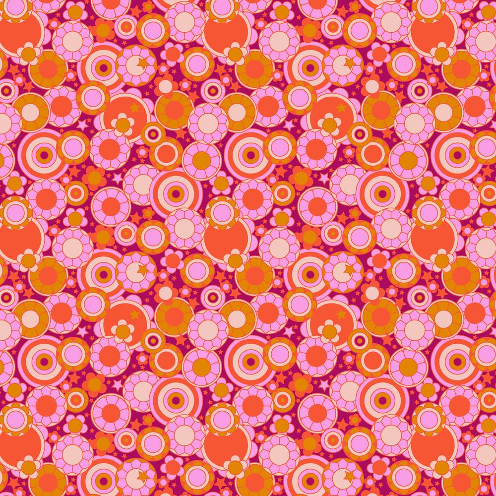 Mythical Bloom Blue by Stacy Peterson Freespirit Fabrics cotton quilting fabric  background various sized retro magenta pink and orange flowers