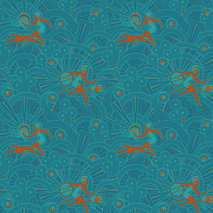 dark teal art deco inspired olympic greek powerhouse spear runner and greyhound in orange Mythical by Stacy Peterson Freespirit Fabrics cotton quilting fabric