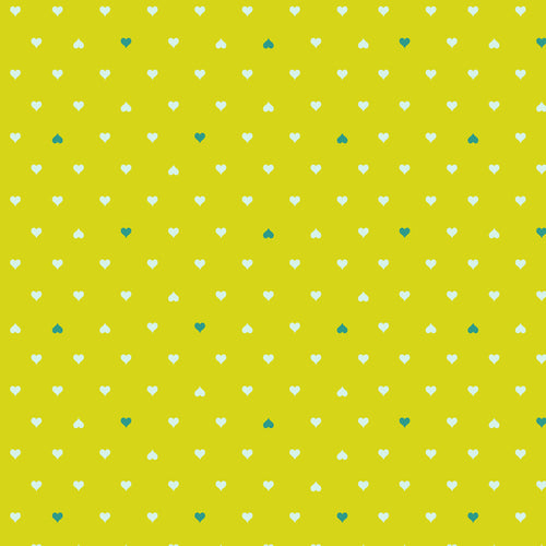 Tula Pink Besties Unconditional Love Clover Freespirit Fabrics quilt weight cotton lemon yellow background non-direction small hearts in cream and green