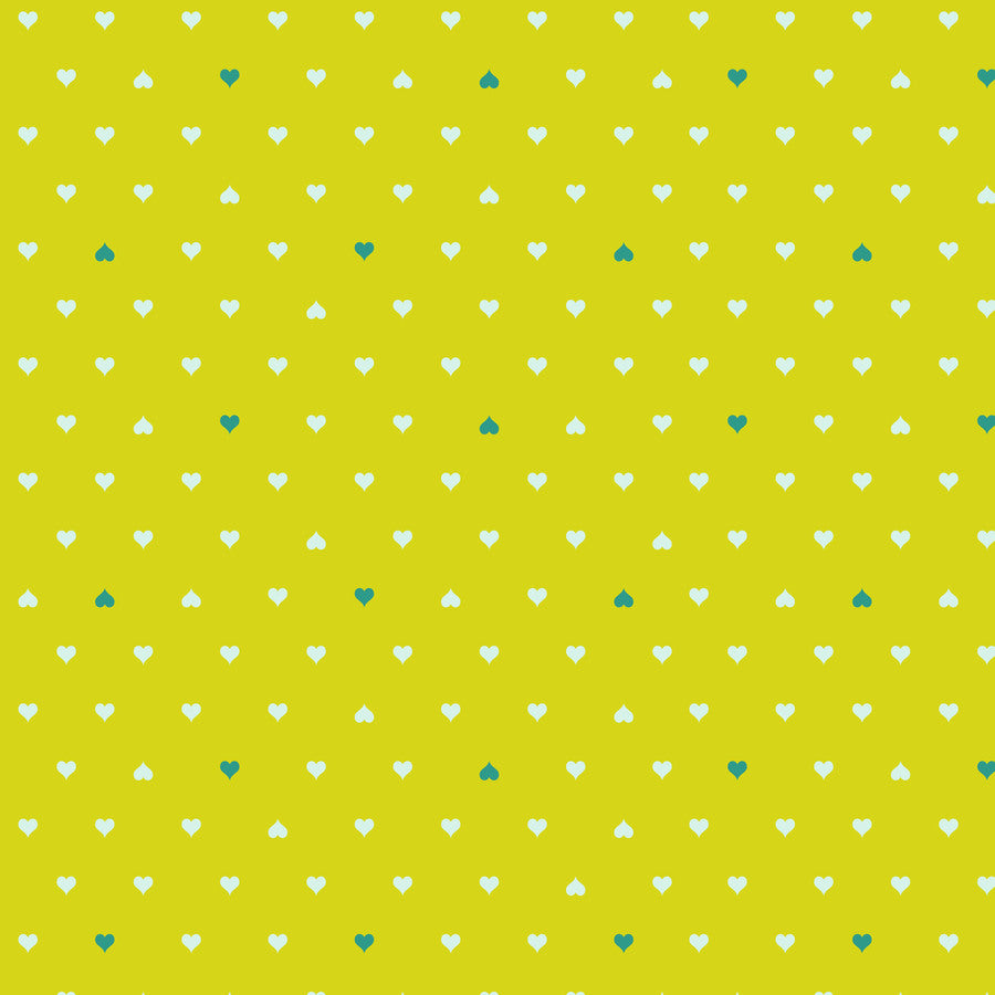 Tula Pink Besties Unconditional Love Clover Freespirit Fabrics quilt weight cotton lemon yellow background non-direction small hearts in cream and green