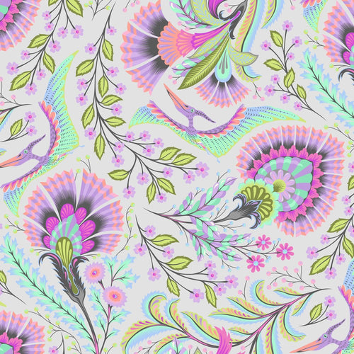 Tula Pink Roar Wing It Mist Dinosaur Teradactyl stylized vines fan flowers foliage neon pink peach mint green lavender on cream background Freespirit fabrics quilt cotton bags garments