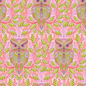 Tula Pink Full Moon Forest II Freespirit cotton quilt bag garment fabric Bohemian Owl on branch pink background dense foliage lime green olive big eyes horned lavender purple eyes striped leaves colorful feathers