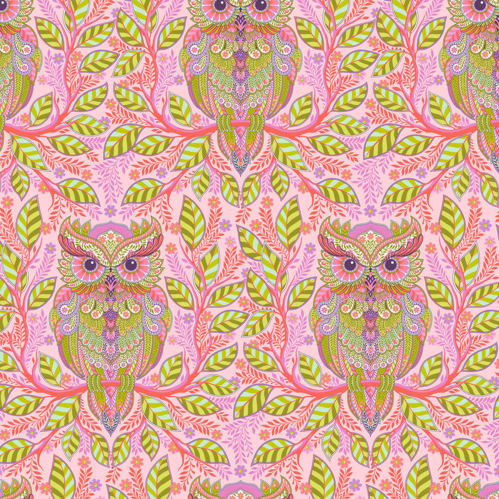 Tula Pink Full Moon Forest II Freespirit cotton quilt bag garment fabric Bohemian Owl on branch pink background dense foliage lime green olive big eyes horned lavender purple eyes striped leaves colorful feathers