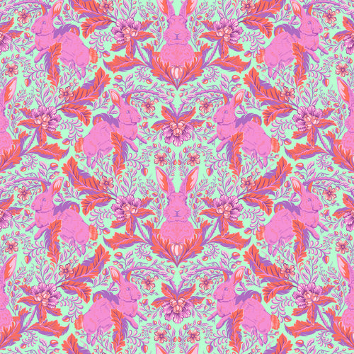 Tula Pink Full Moon Forest II Freespirit cotton quilt bag garment fabric pale aqua green background bright pink bunnies rabbits orangy purpley foliage hopping framed 